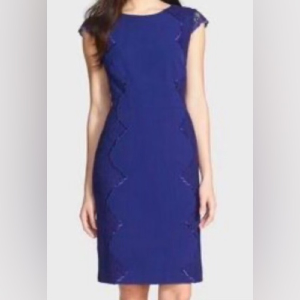 Adrianna Papell navy sheath dress cap sleeve lace detailing  round neck as 10